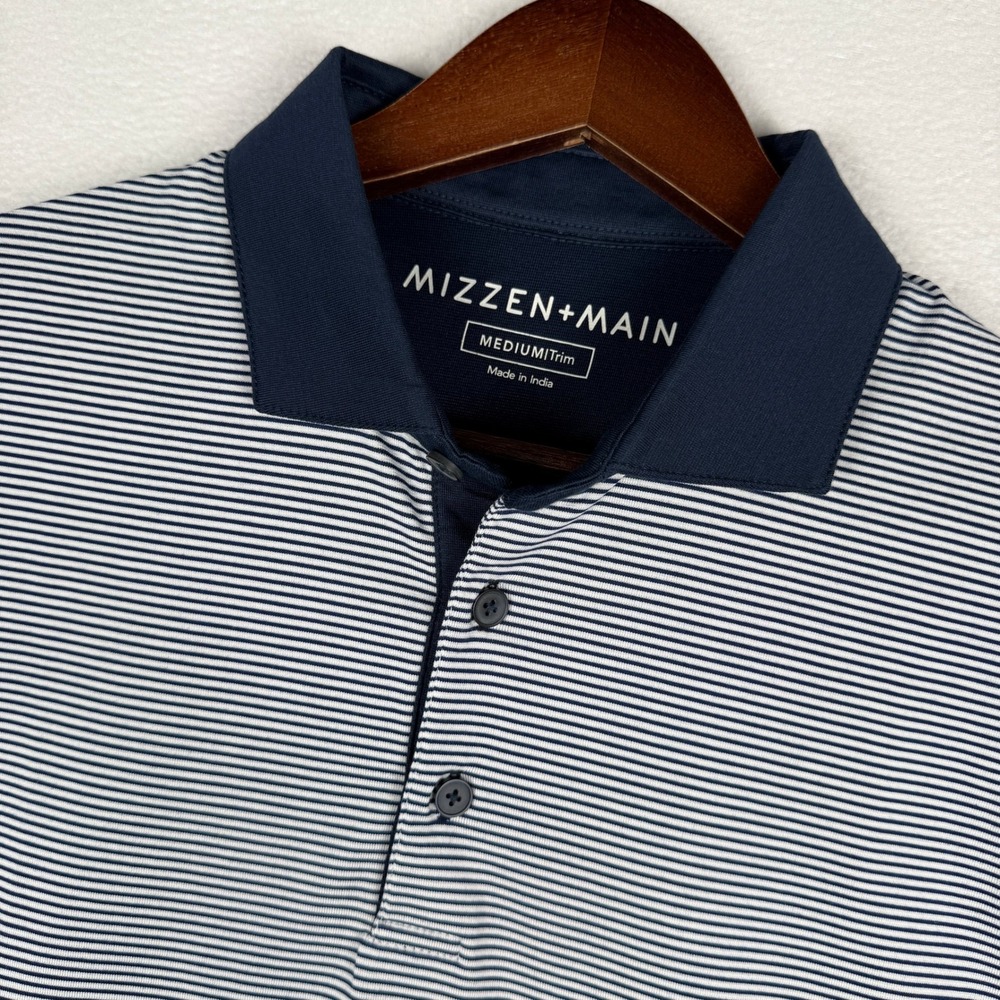 Mizzen+Main Polo Shirt Mens Medium Trim Blue White Striped Performance SS